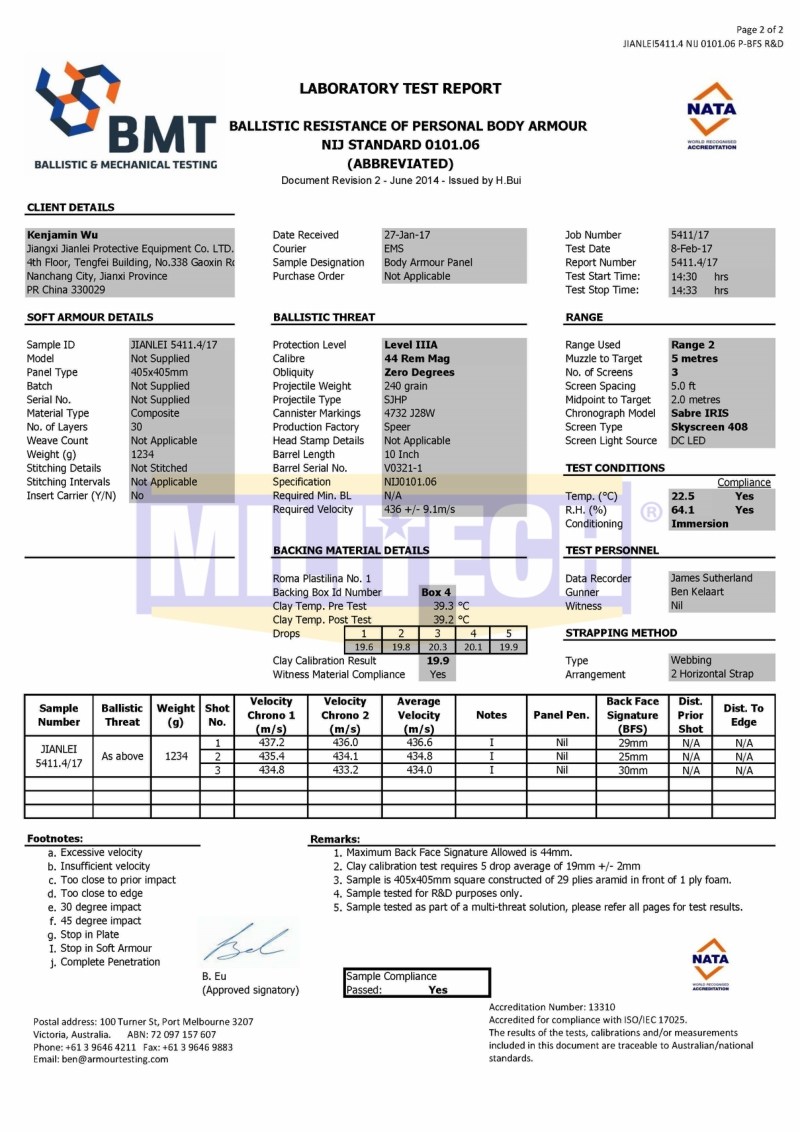 Bulletproof Vest BMT Ballistic NIJ IIIA 0101.06 30 Layers Report 2